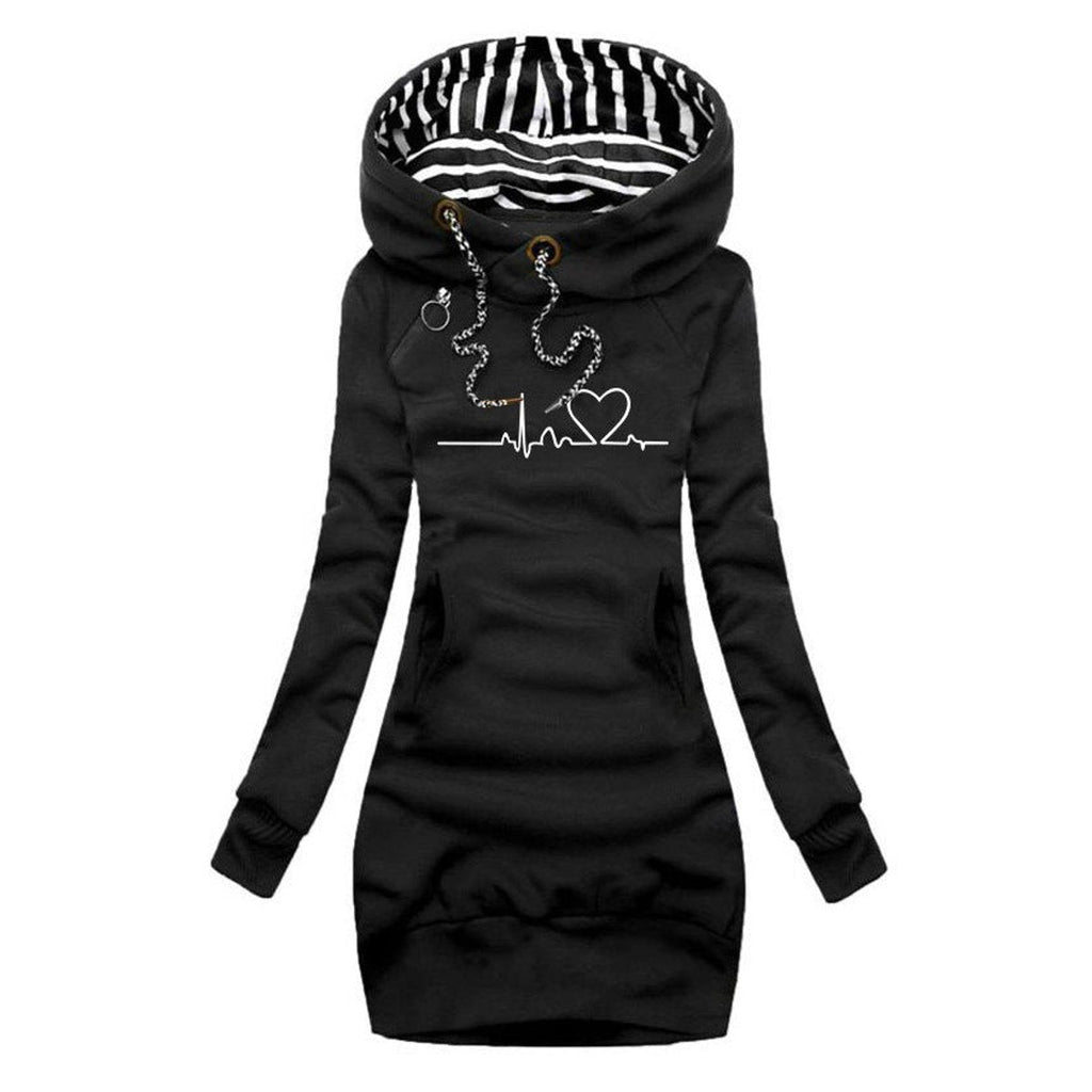 Mariel Ferrel | Women's Heartbeat Print Hooded Long Sleeve Dress Sweater