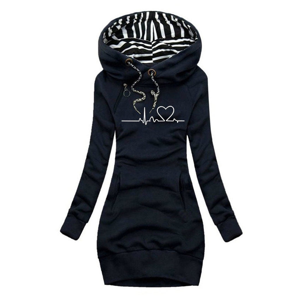 Mariel Ferrel | Women's Heartbeat Print Hooded Long Sleeve Dress Sweater