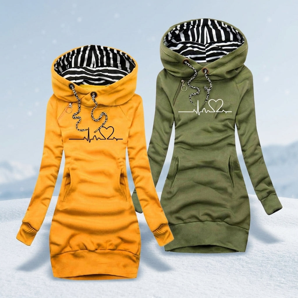 Mariel Ferrel | Women's Heartbeat Print Hooded Long Sleeve Dress Sweater