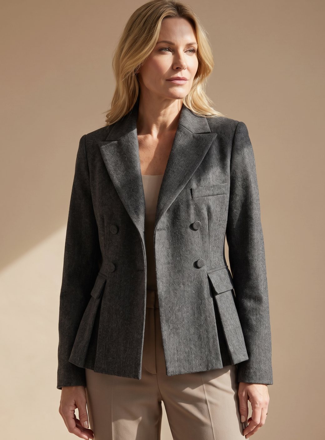 Ombeline Halvin | Women's Double-Breasted Peplum Blazer Notch Lapel Long Sleeve