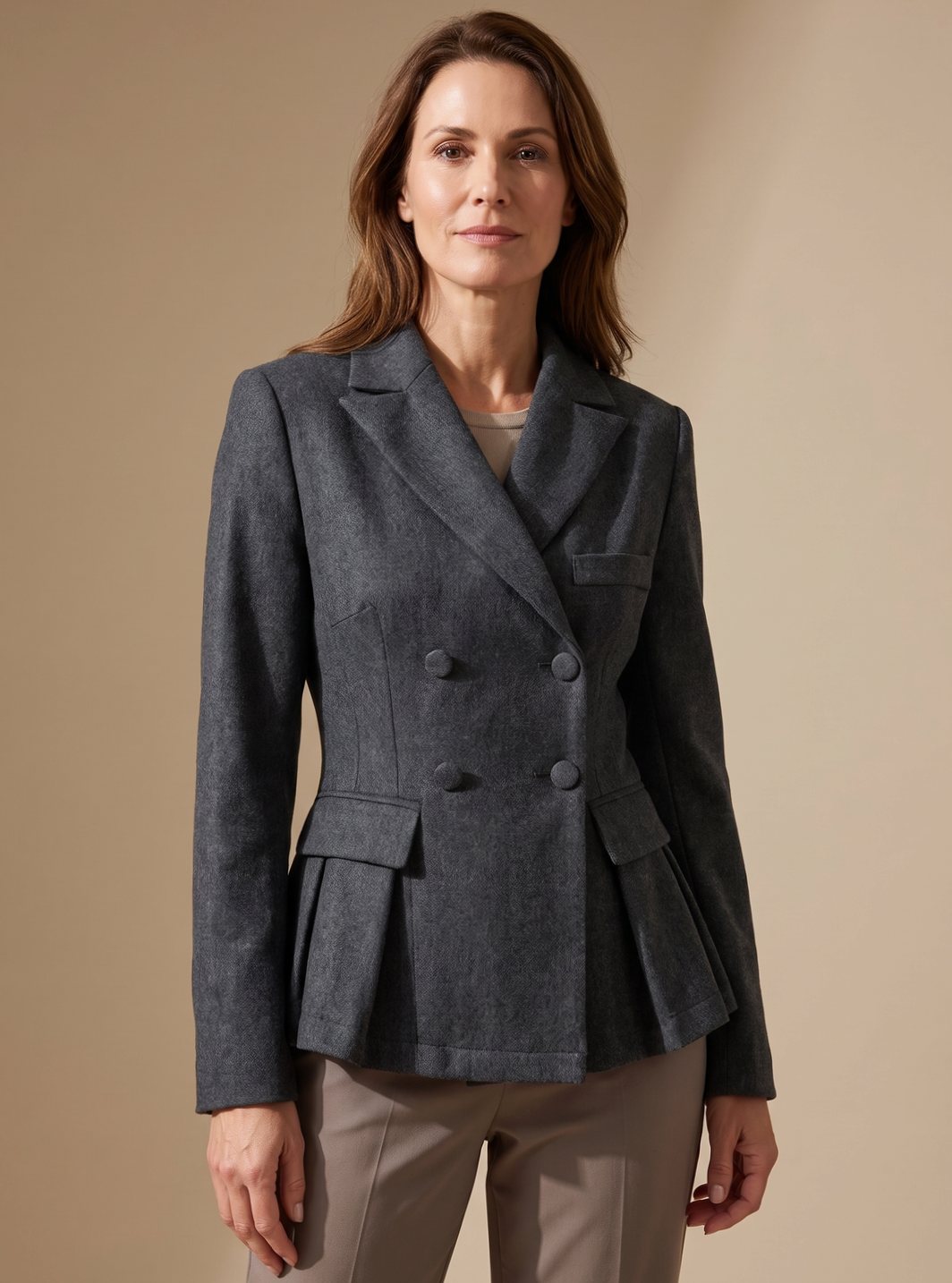 Ombeline Halvin | Women's Double-Breasted Peplum Blazer Notch Lapel Long Sleeve