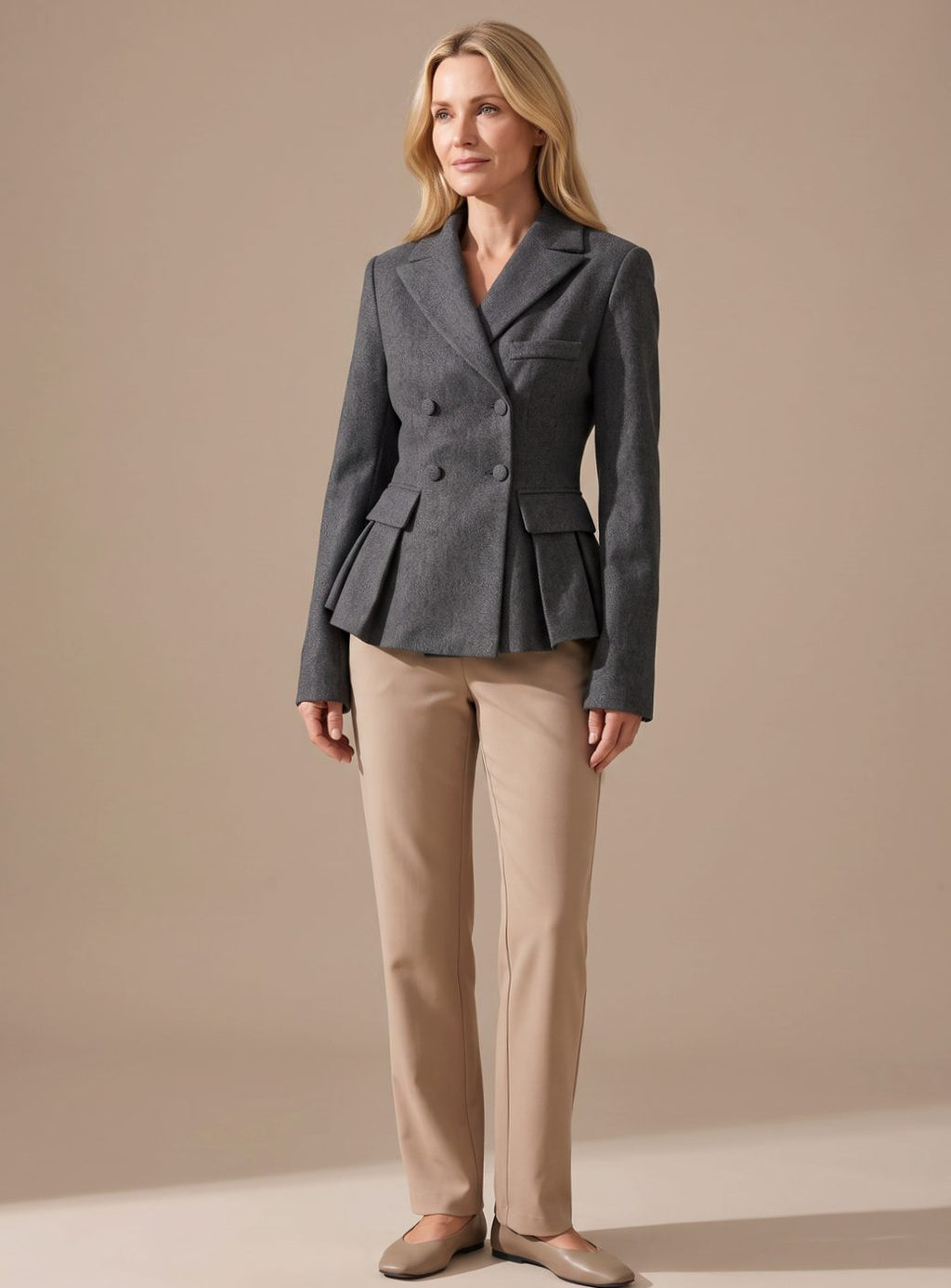 Ombeline Halvin | Women's Double-Breasted Peplum Blazer Notch Lapel Long Sleeve