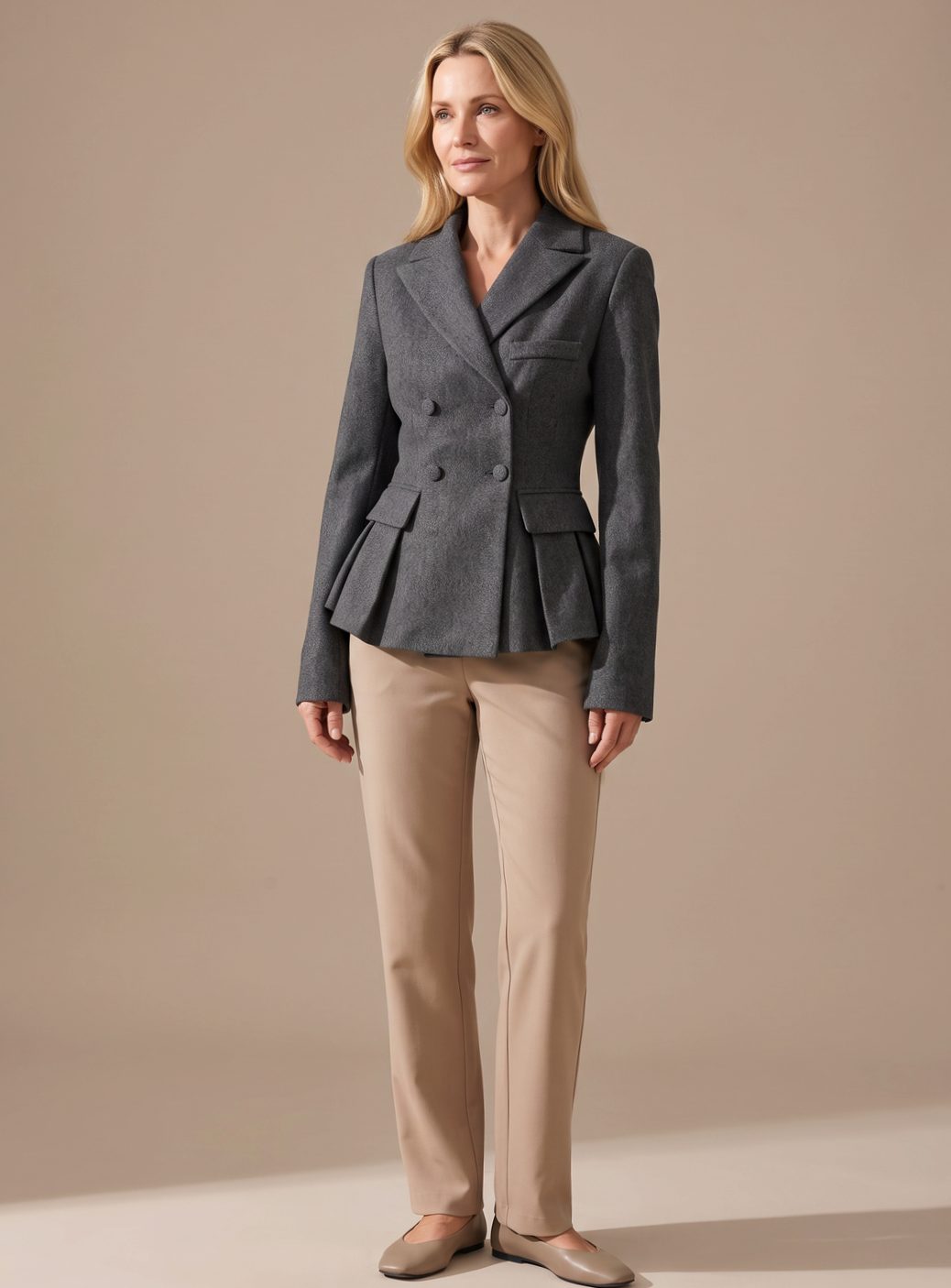 Ombeline Halvin | Women's Double-Breasted Peplum Blazer Notch Lapel Long Sleeve