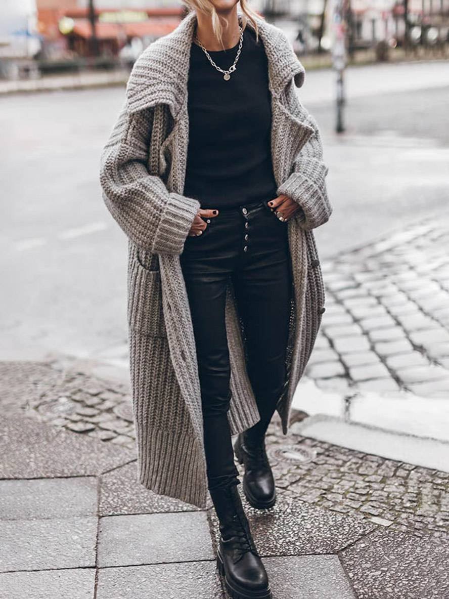 Inaya Verre | Women's Oversized Chunky Rib Knit Longline Lapel Cardigan