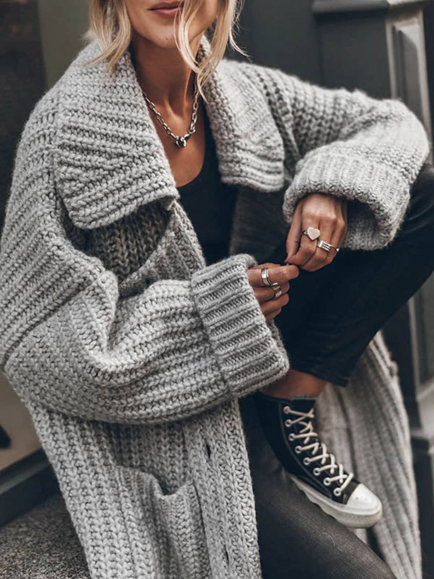 Inaya Verre | Women's Oversized Chunky Rib Knit Longline Lapel Cardigan
