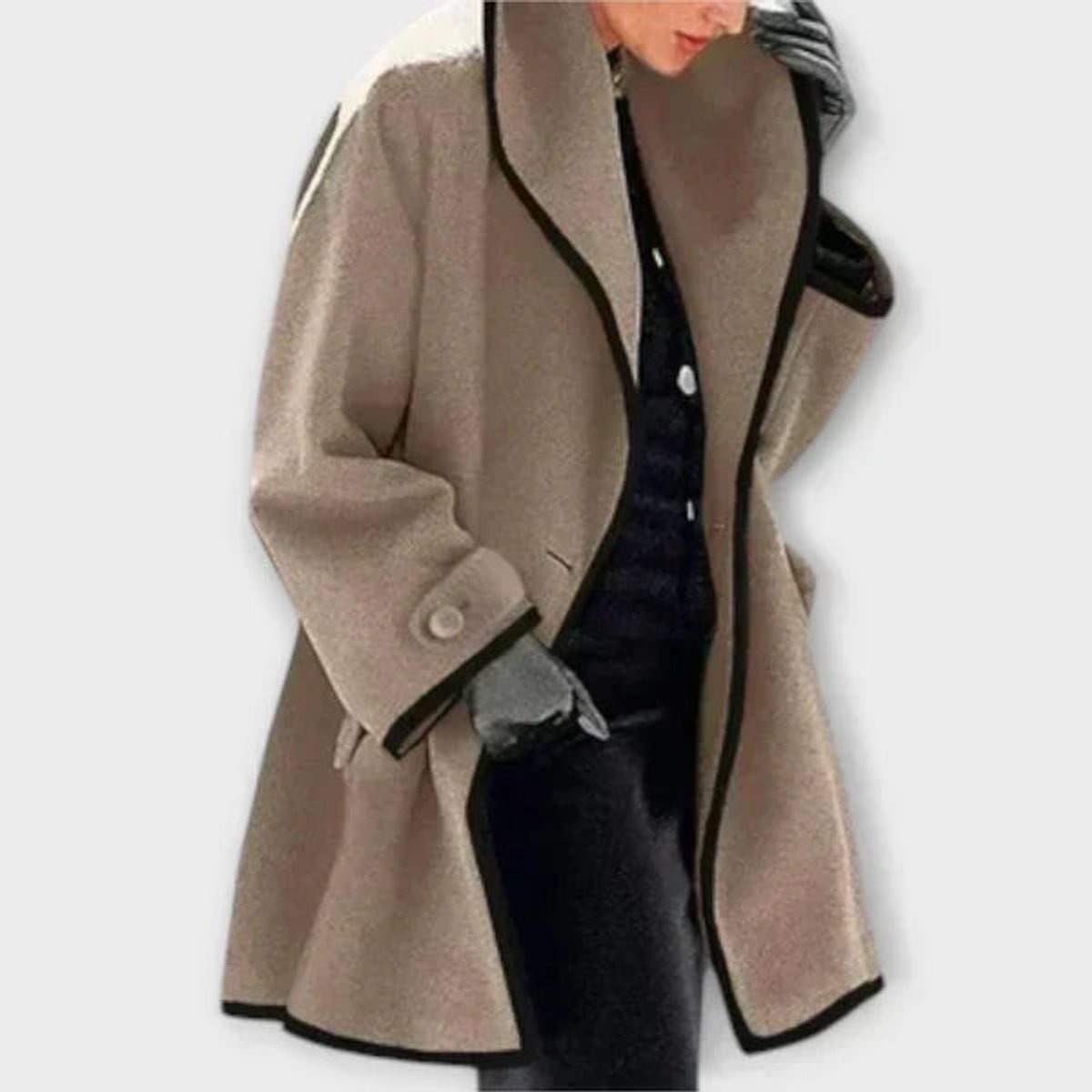 Jeanne Bres | Women's Oversized Wool Blend Contrast Trim Coat