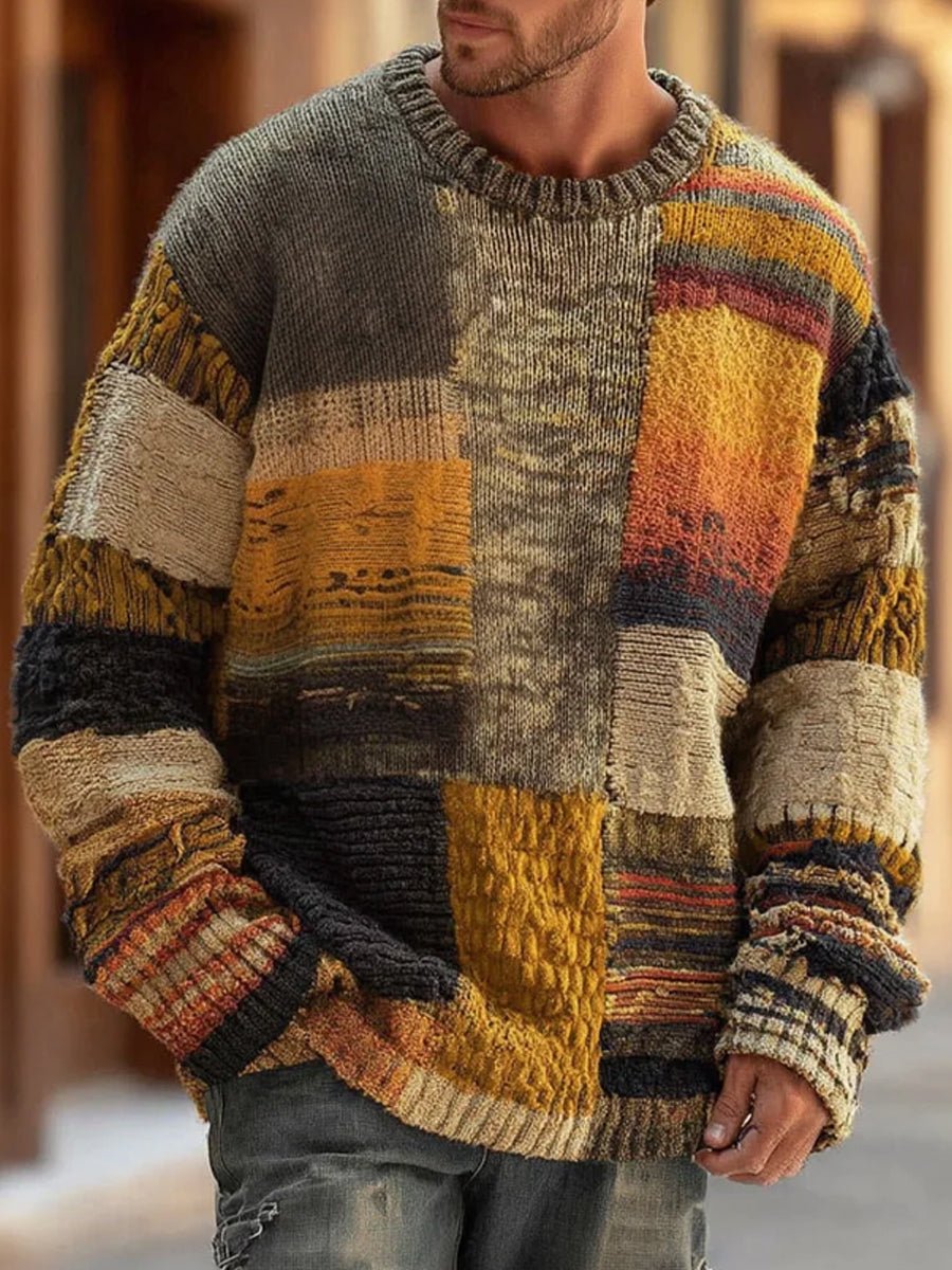 Julien Castel | Men's Patchwork Colorblock Long Sleeve Knit Sweater
