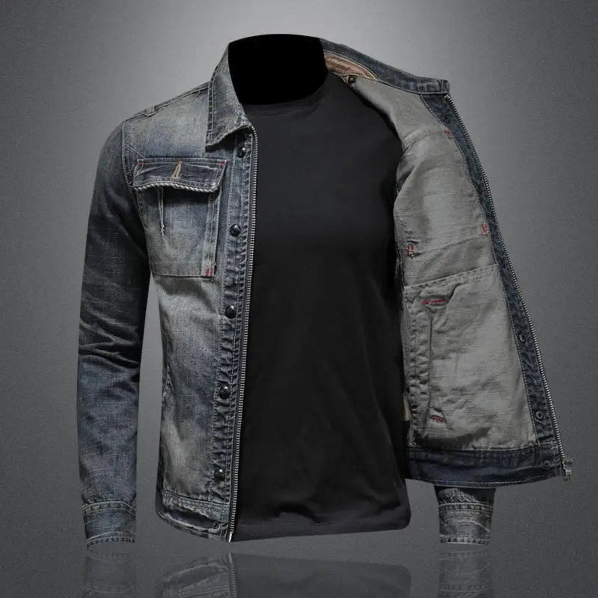 Lucien Vey | Men's Retro Washed Denim Zip Up Jacket Casual Outerwear Coat