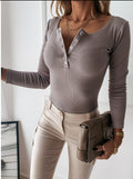 Lyra Vacher | Women's Ribbed Henley Long Sleeve Bodysuit Top