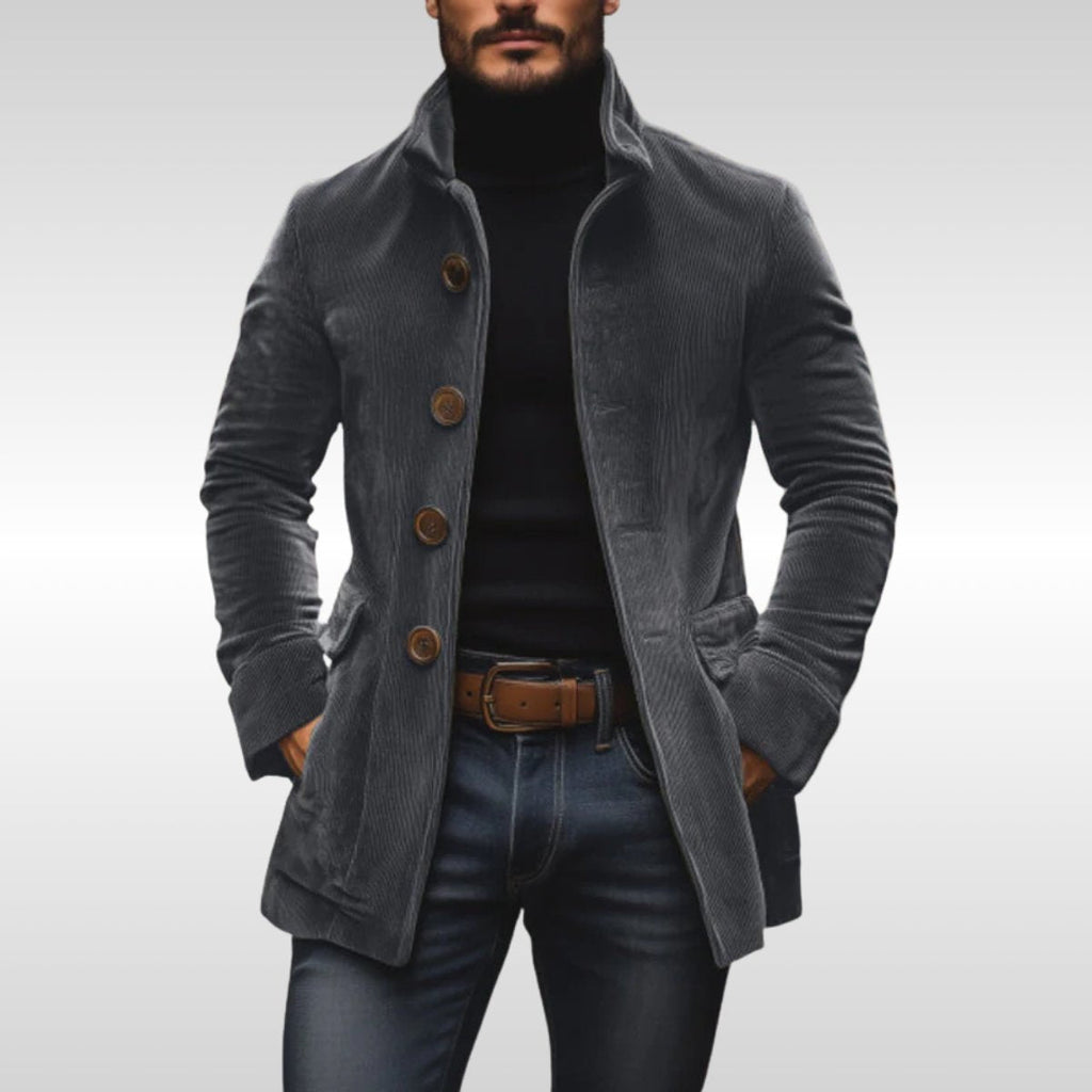 Aurélien Vire | Men's Slim Fit Corduroy Stand Collar Wool Coat Button Up