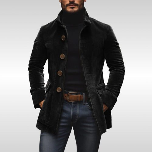 Aurélien Vire | Men's Slim Fit Corduroy Stand Collar Wool Coat Button Up