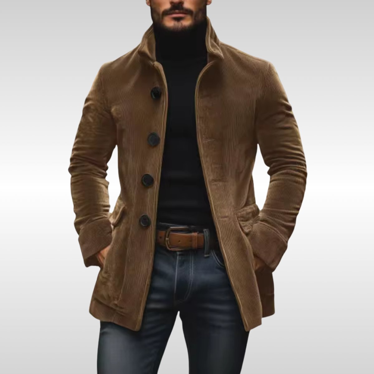 Aurélien Vire | Men's Slim Fit Corduroy Stand Collar Wool Coat Button Up