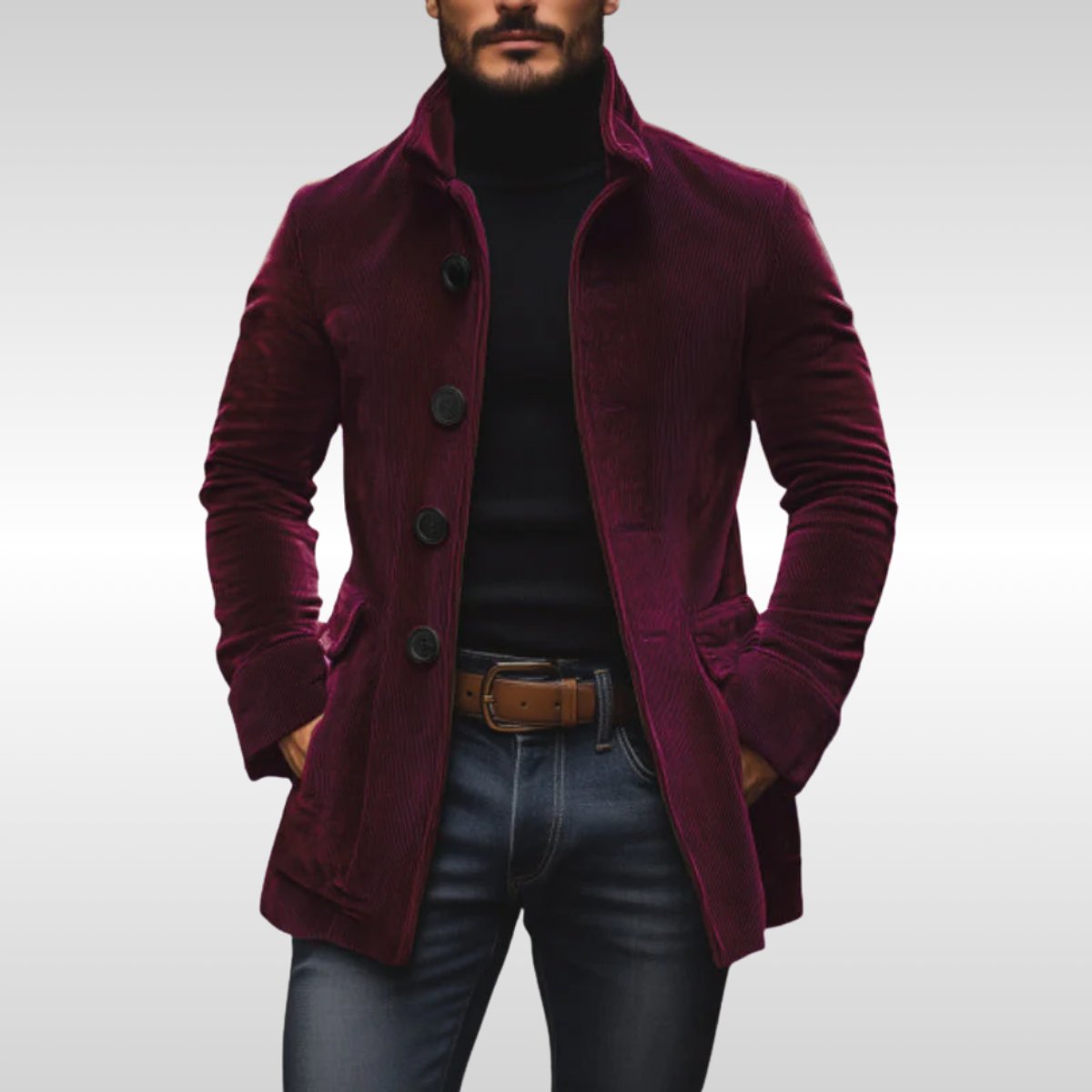 Aurélien Vire | Men's Slim Fit Corduroy Stand Collar Wool Coat Button Up