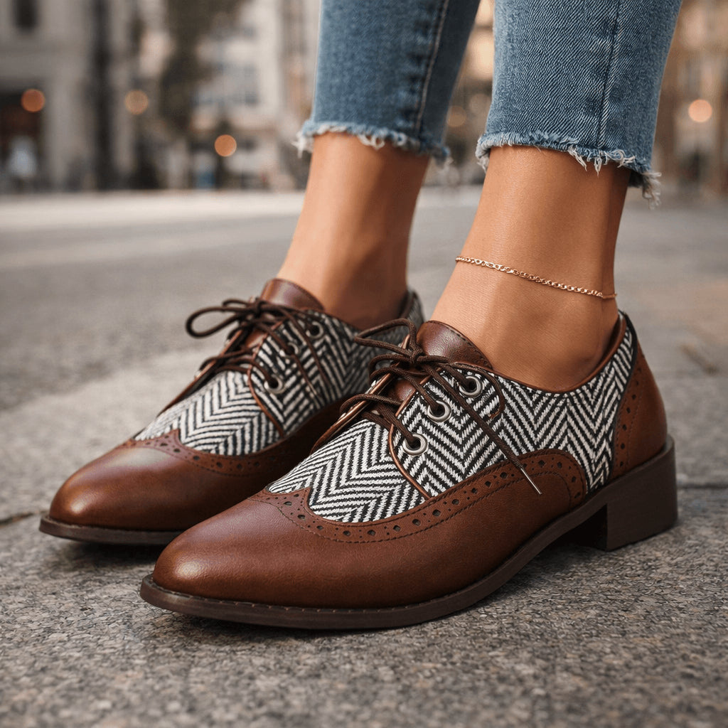 Lola Mer | Women's Smart Casual Tweed Herringbone Brogues Flats