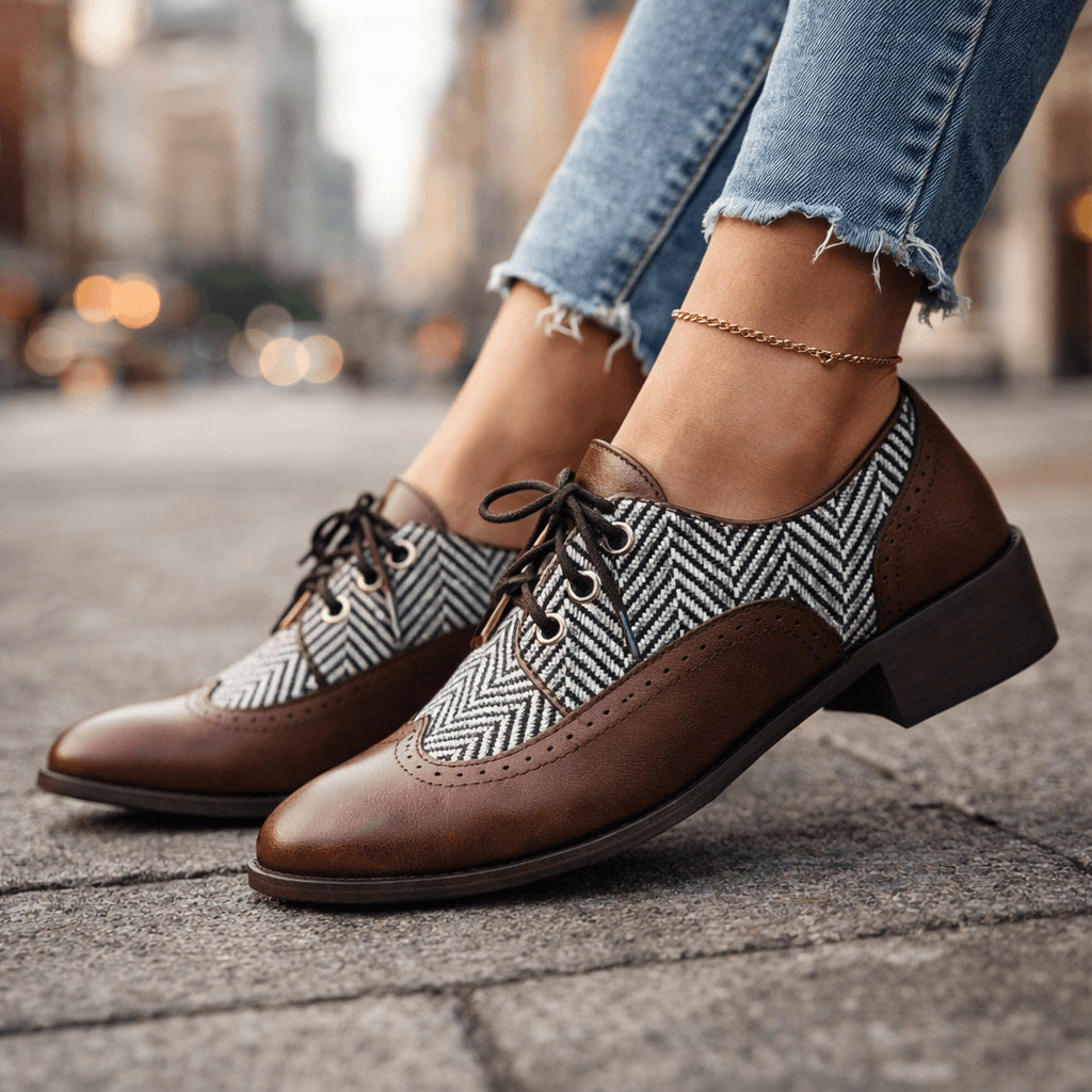 Lola Mer | Women's Smart Casual Tweed Herringbone Brogues Flats