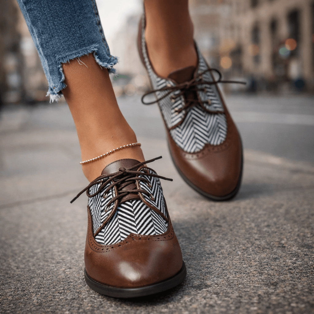 Lola Mer | Women's Smart Casual Tweed Herringbone Brogues Flats