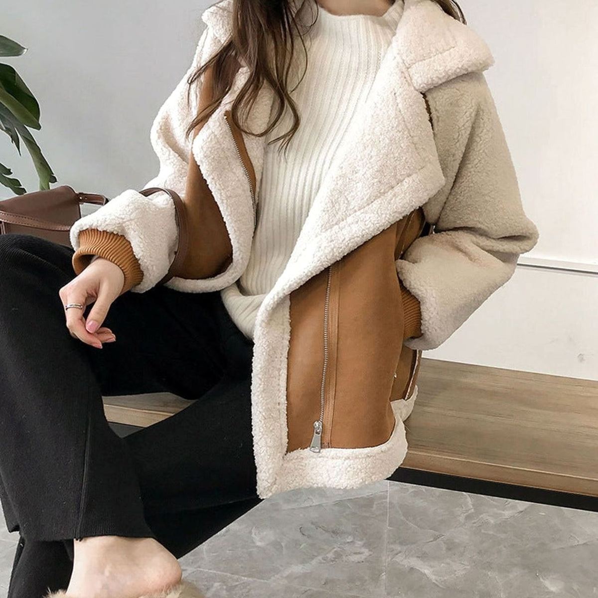 Sophie Lefort | Women's Faux Shearling Relaxed-Fit Zip-Up Oversized Coat