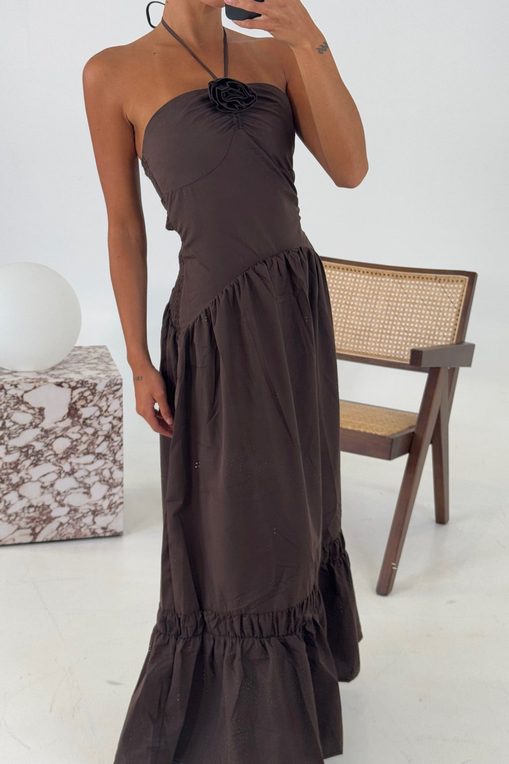 Maëva Tron | Women's Strapless Halter Maxi Dress With Rosette Detail