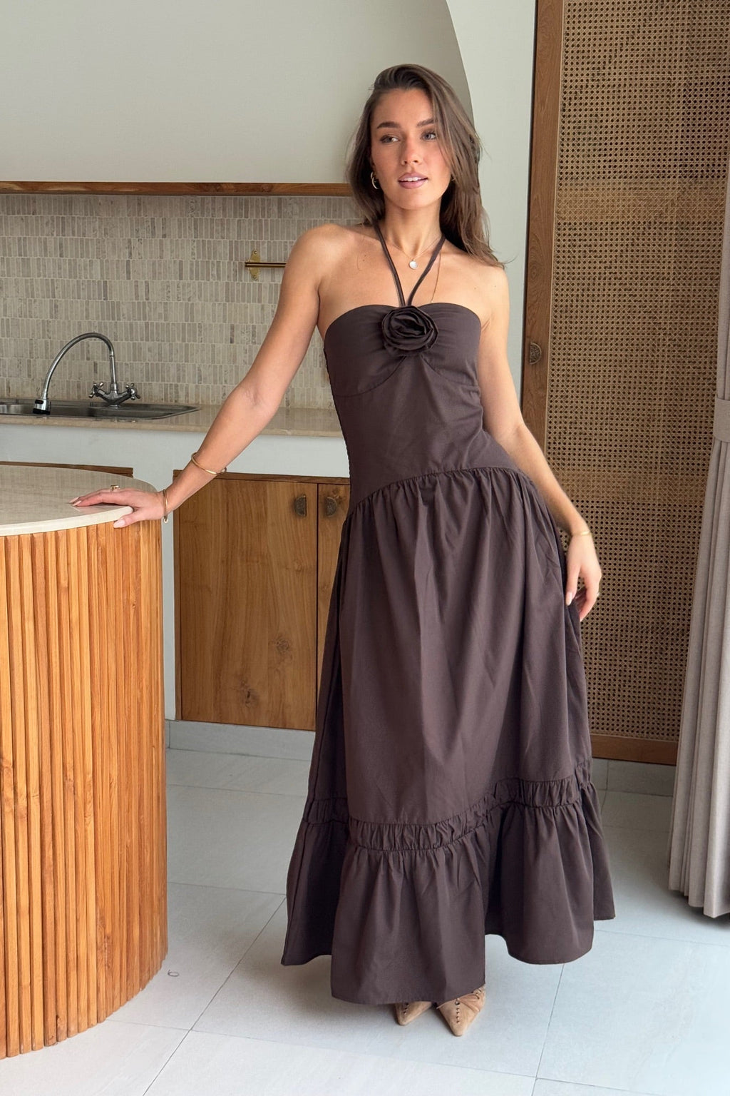 Maëva Tron | Women's Strapless Halter Maxi Dress With Rosette Detail