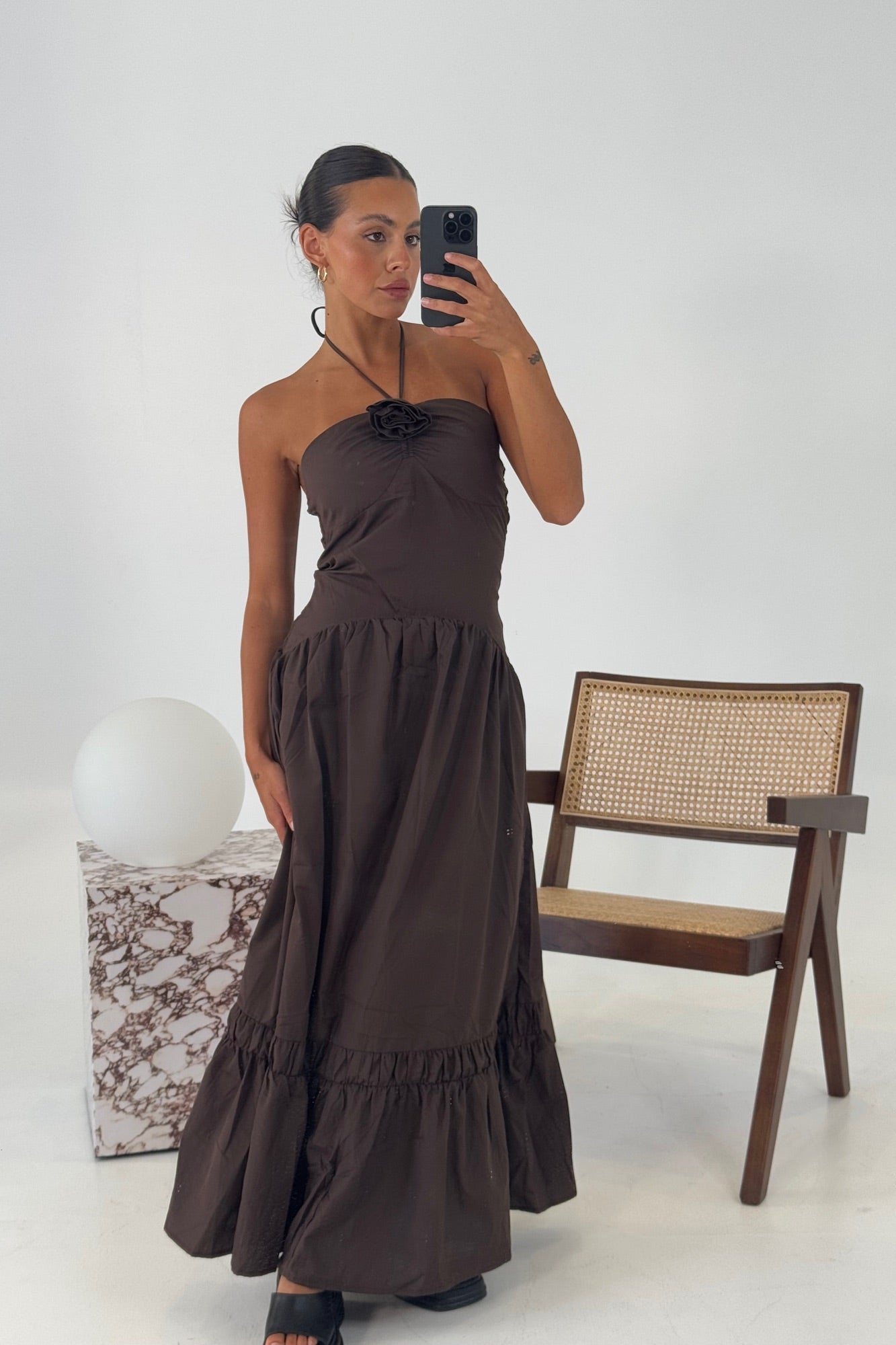 Maëva Tron | Women's Strapless Halter Maxi Dress With Rosette Detail