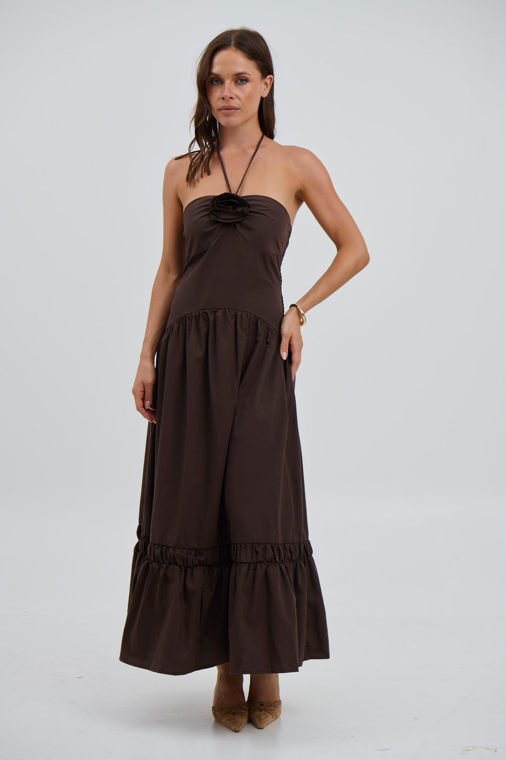Maëva Tron | Women's Strapless Halter Maxi Dress With Rosette Detail