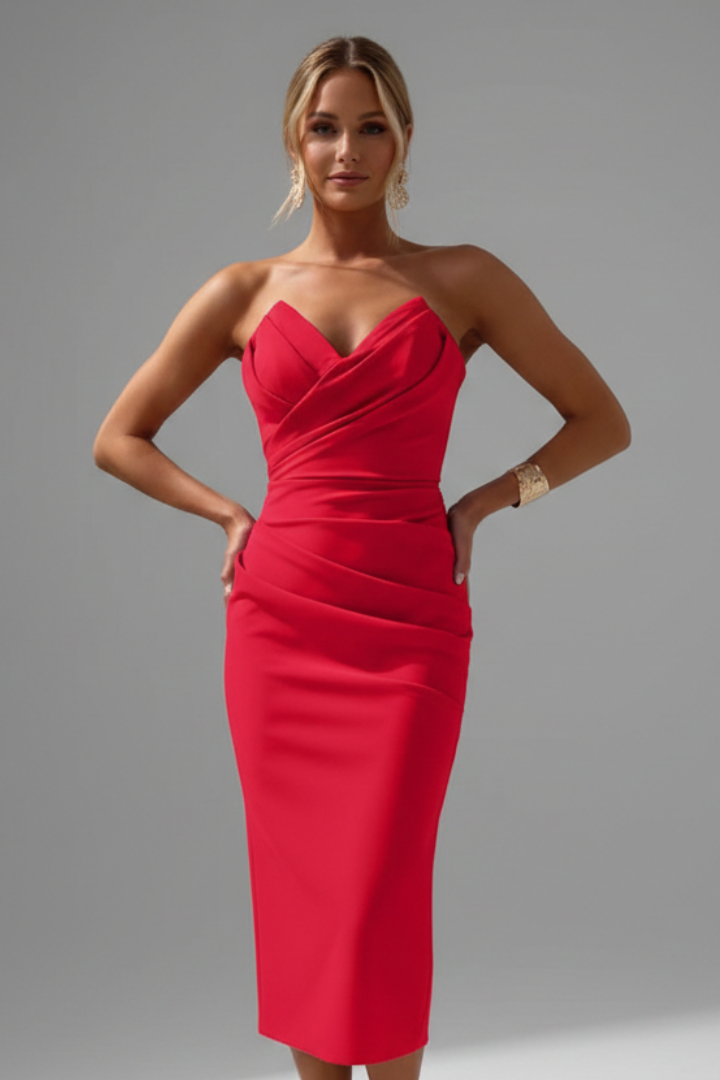 Selene Roux | Women's Strapless Ruched Skirt Midi Dress