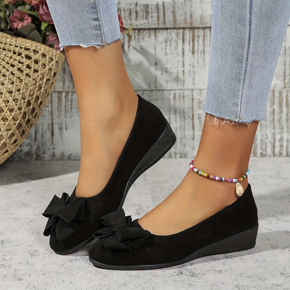 Maxine Rovel | Women's Suede Bow Detail Wedge Ballet Flats