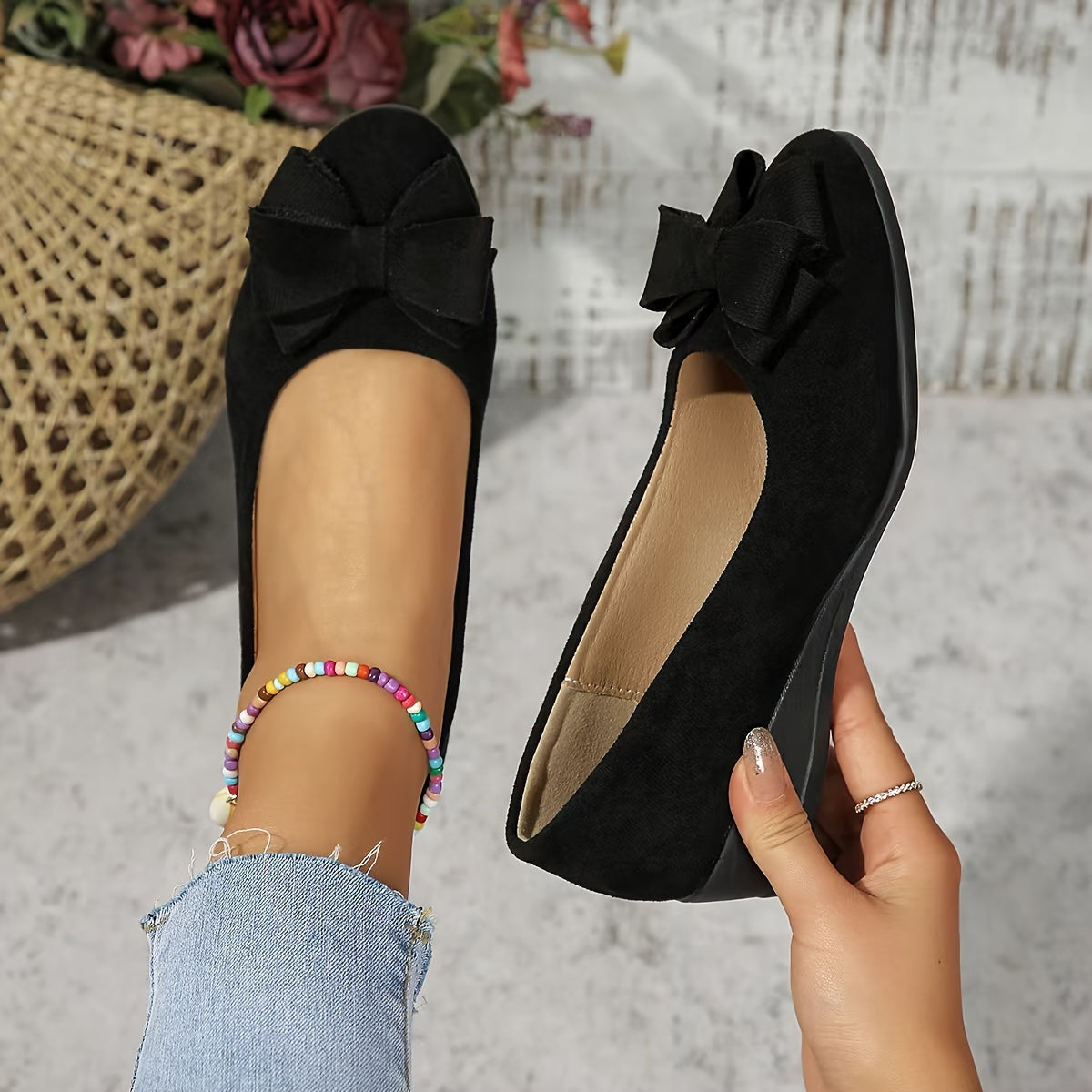 Maxine Rovel | Women's Suede Bow Detail Wedge Ballet Flats
