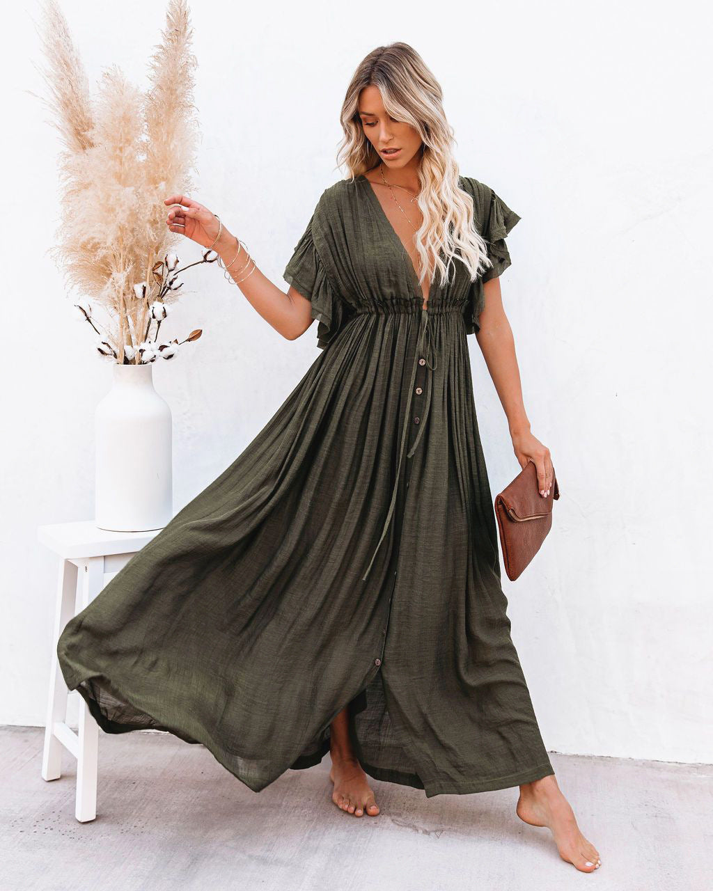 Léonie Dray | Women's Summer Boho Button Front Maxi Dress