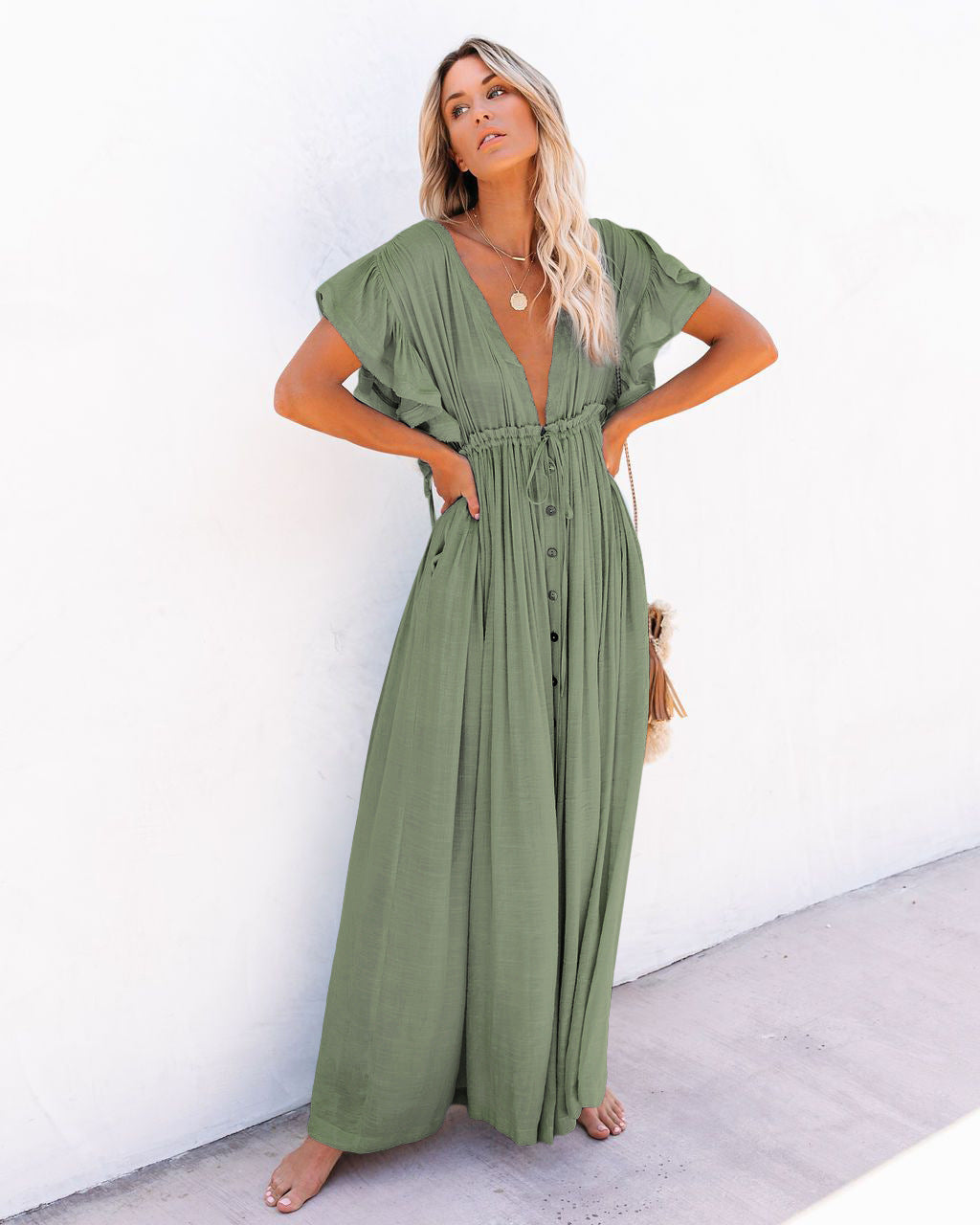 Léonie Dray | Women's Summer Boho Button Front Maxi Dress
