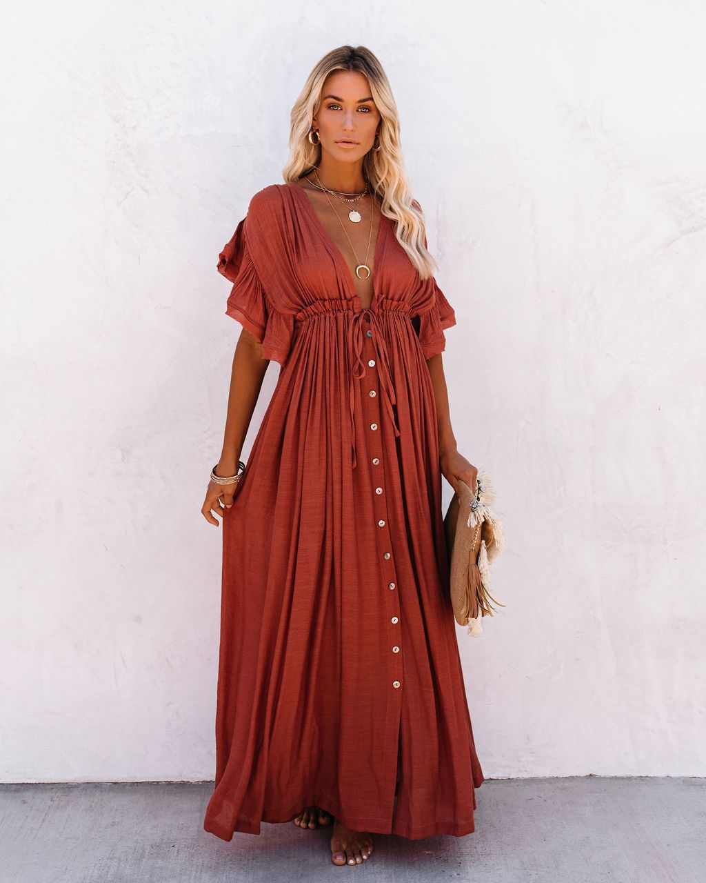 Léonie Dray | Women's Summer Boho Button Front Maxi Dress