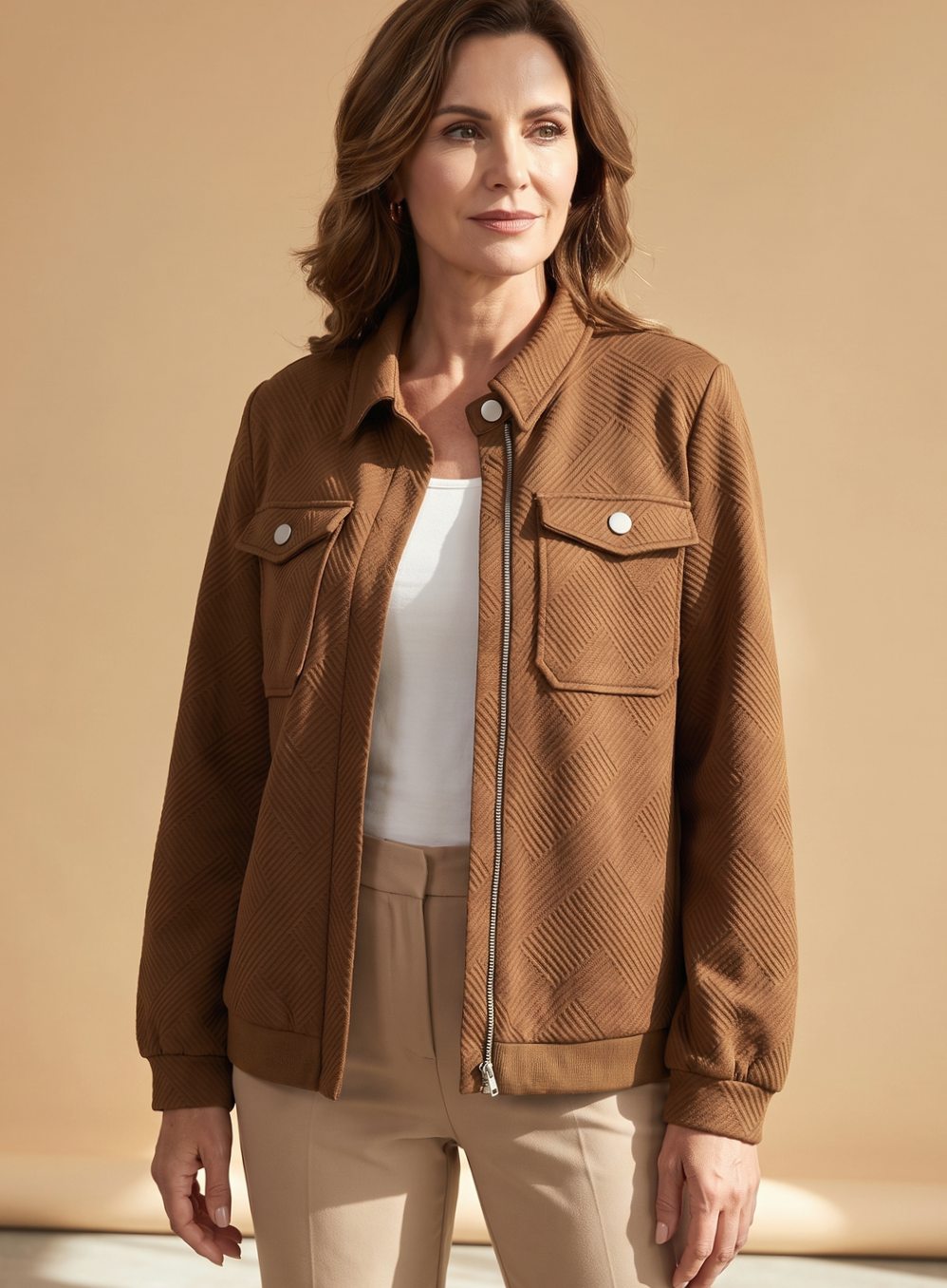 Sylvie Lenoir | Women's Textured Zip-Up Long-Sleeve Bomber Jacket Chest Pockets