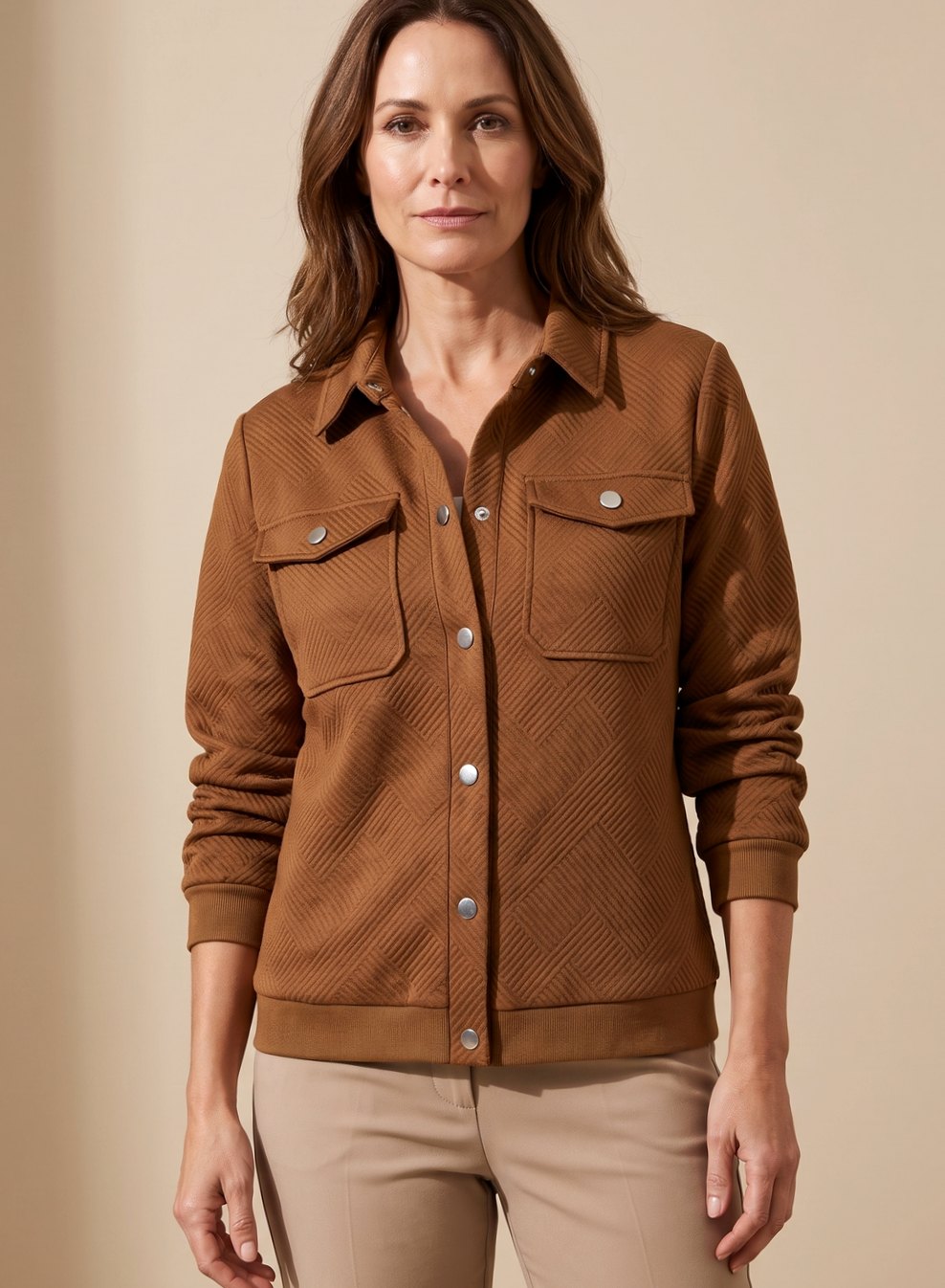 Sylvie Lenoir | Women's Textured Zip-Up Long-Sleeve Bomber Jacket Chest Pockets