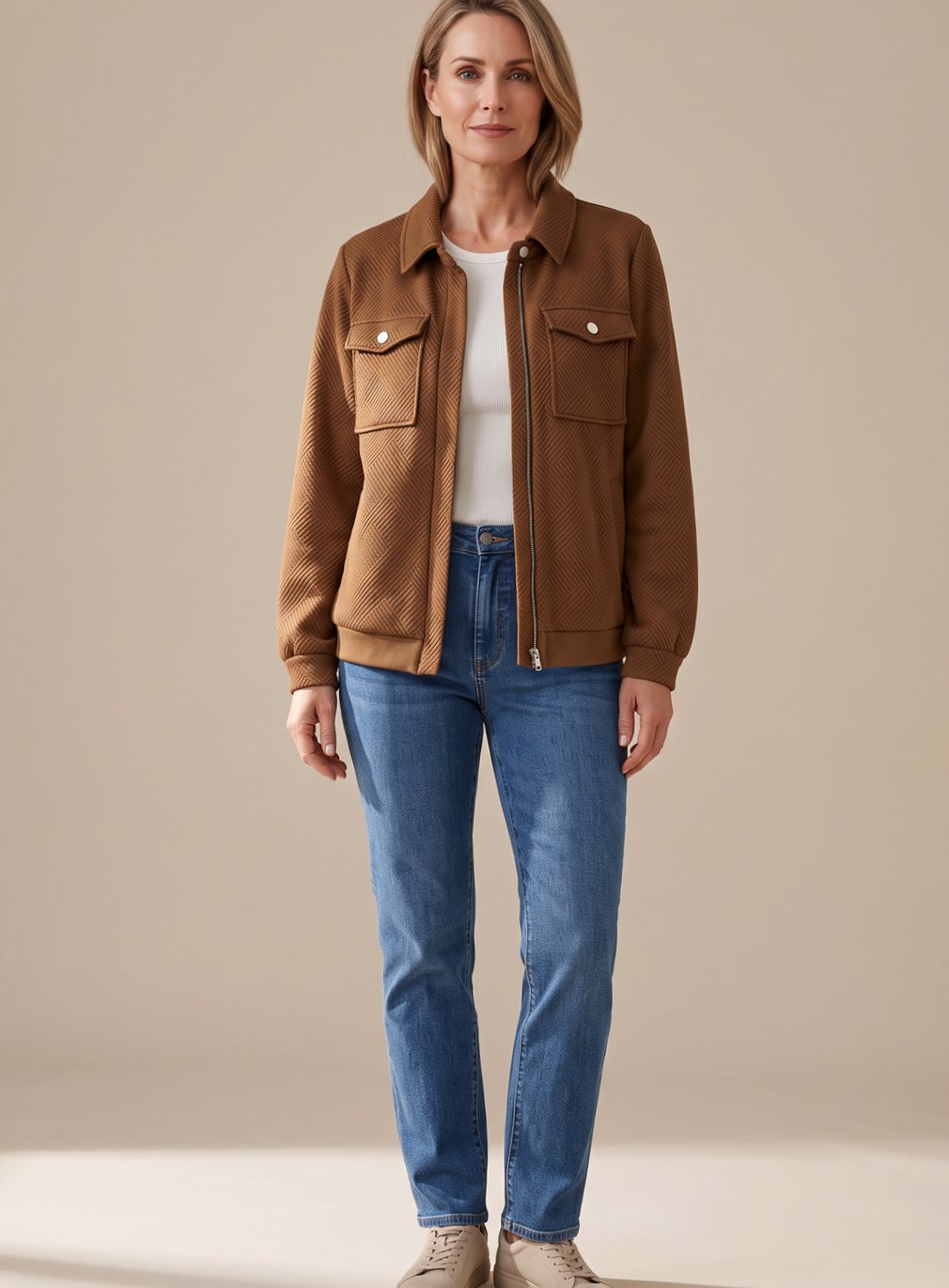 Sylvie Lenoir | Women's Textured Zip-Up Long-Sleeve Bomber Jacket Chest Pockets