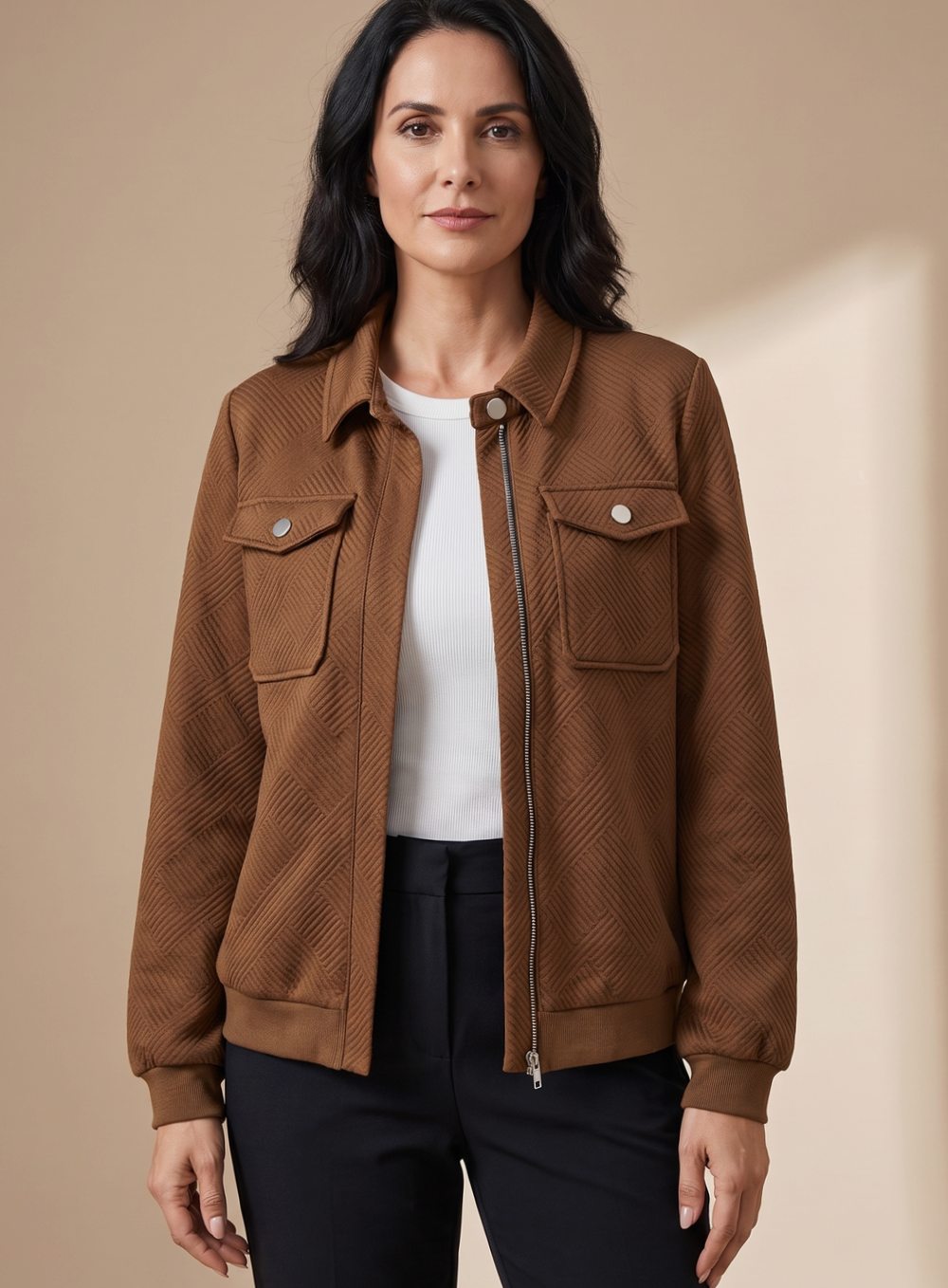 Sylvie Lenoir | Women's Textured Zip-Up Long-Sleeve Bomber Jacket Chest Pockets