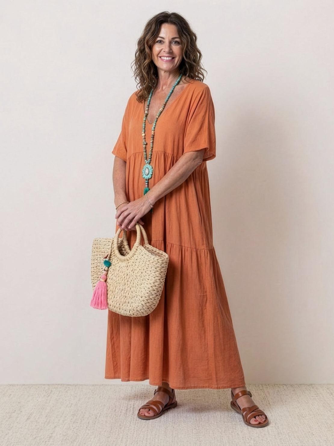 Maellys Bren | Women's V-Neck Tiered Short Sleeve Swing Maxi Dress