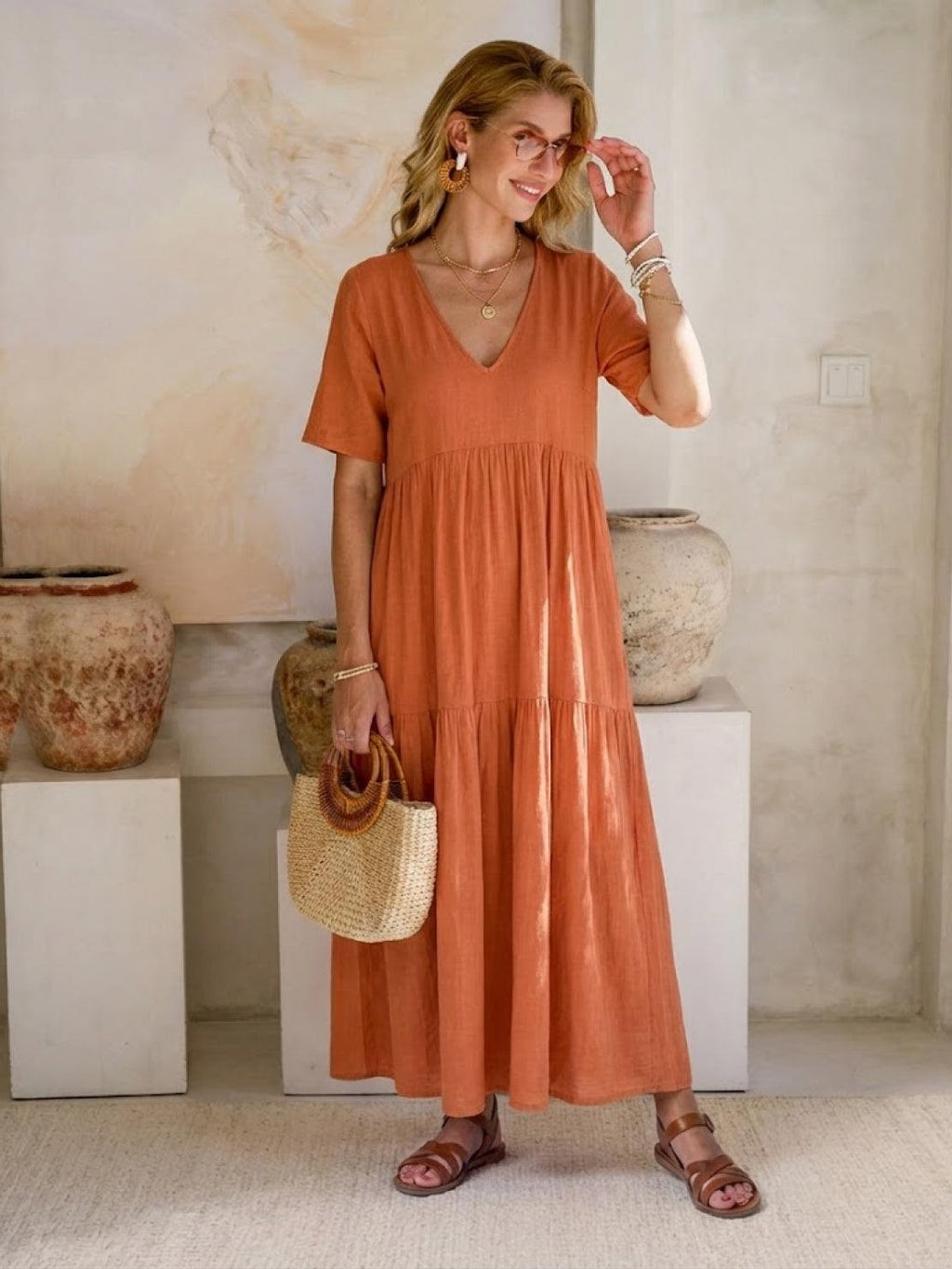 Maellys Bren | Women's V-Neck Tiered Short Sleeve Swing Maxi Dress