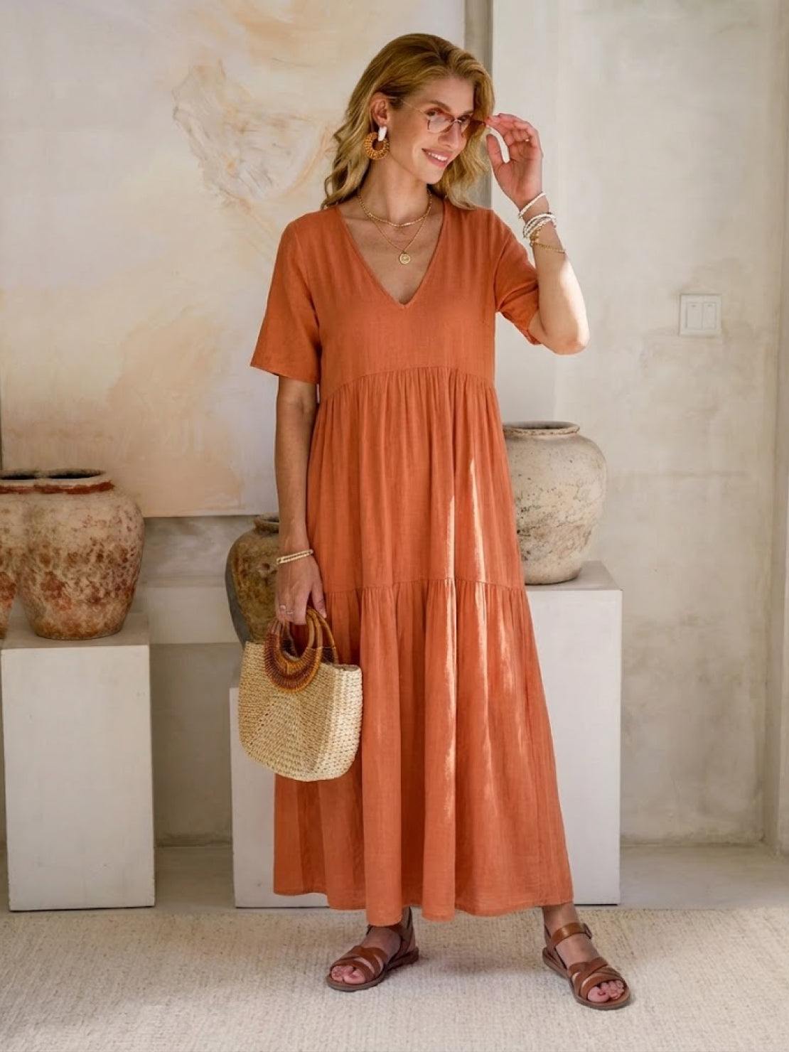 Maellys Bren | Women's V-Neck Tiered Short Sleeve Swing Maxi Dress