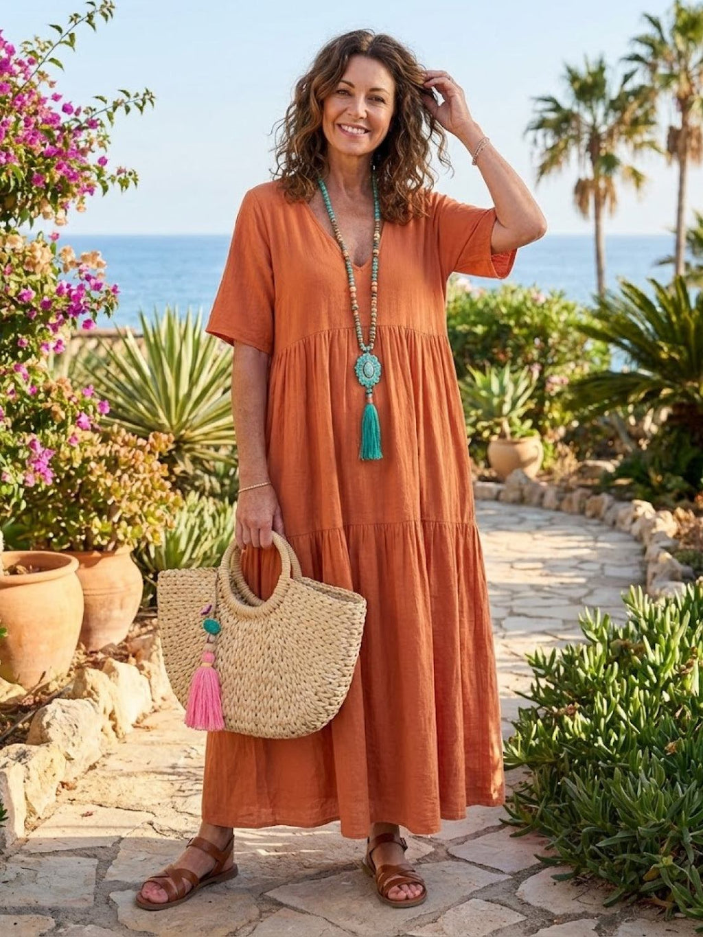 Maellys Bren | Women's V-Neck Tiered Short Sleeve Swing Maxi Dress