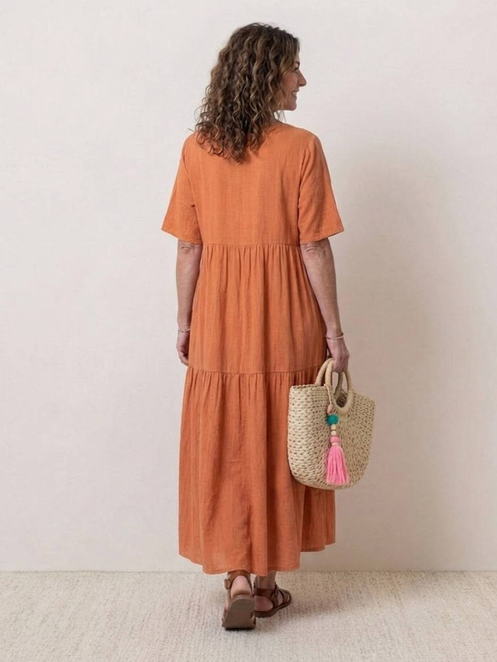 Maellys Bren | Women's V-Neck Tiered Short Sleeve Swing Maxi Dress
