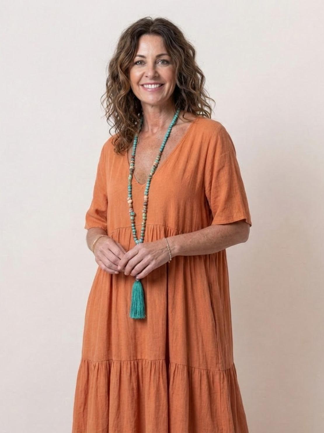 Maellys Bren | Women's V-Neck Tiered Short Sleeve Swing Maxi Dress