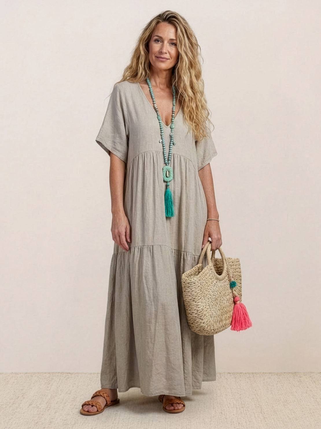 Maellys Bren | Women's V-Neck Tiered Short Sleeve Swing Maxi Dress