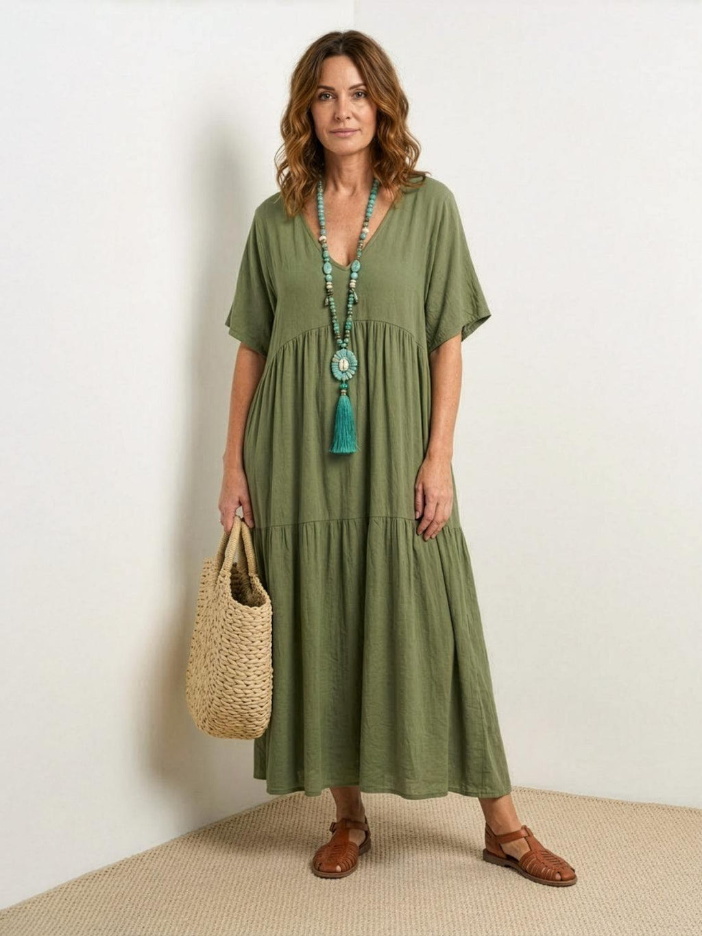Maellys Bren | Women's V-Neck Tiered Short Sleeve Swing Maxi Dress