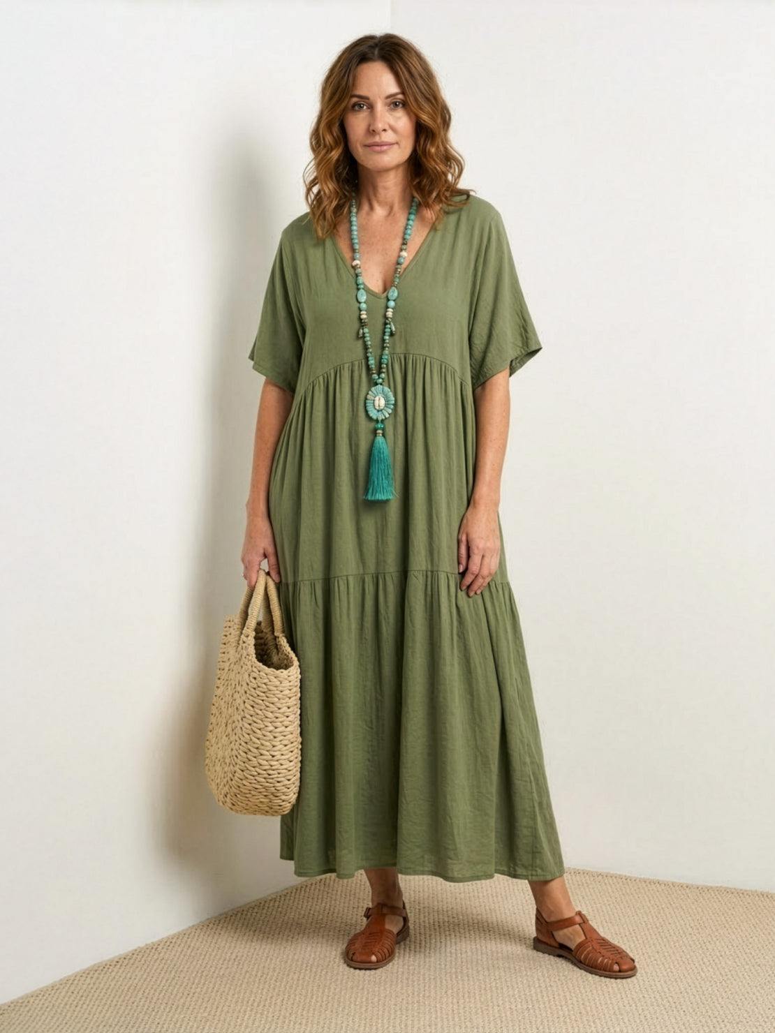Maellys Bren | Women's V-Neck Tiered Short Sleeve Swing Maxi Dress
