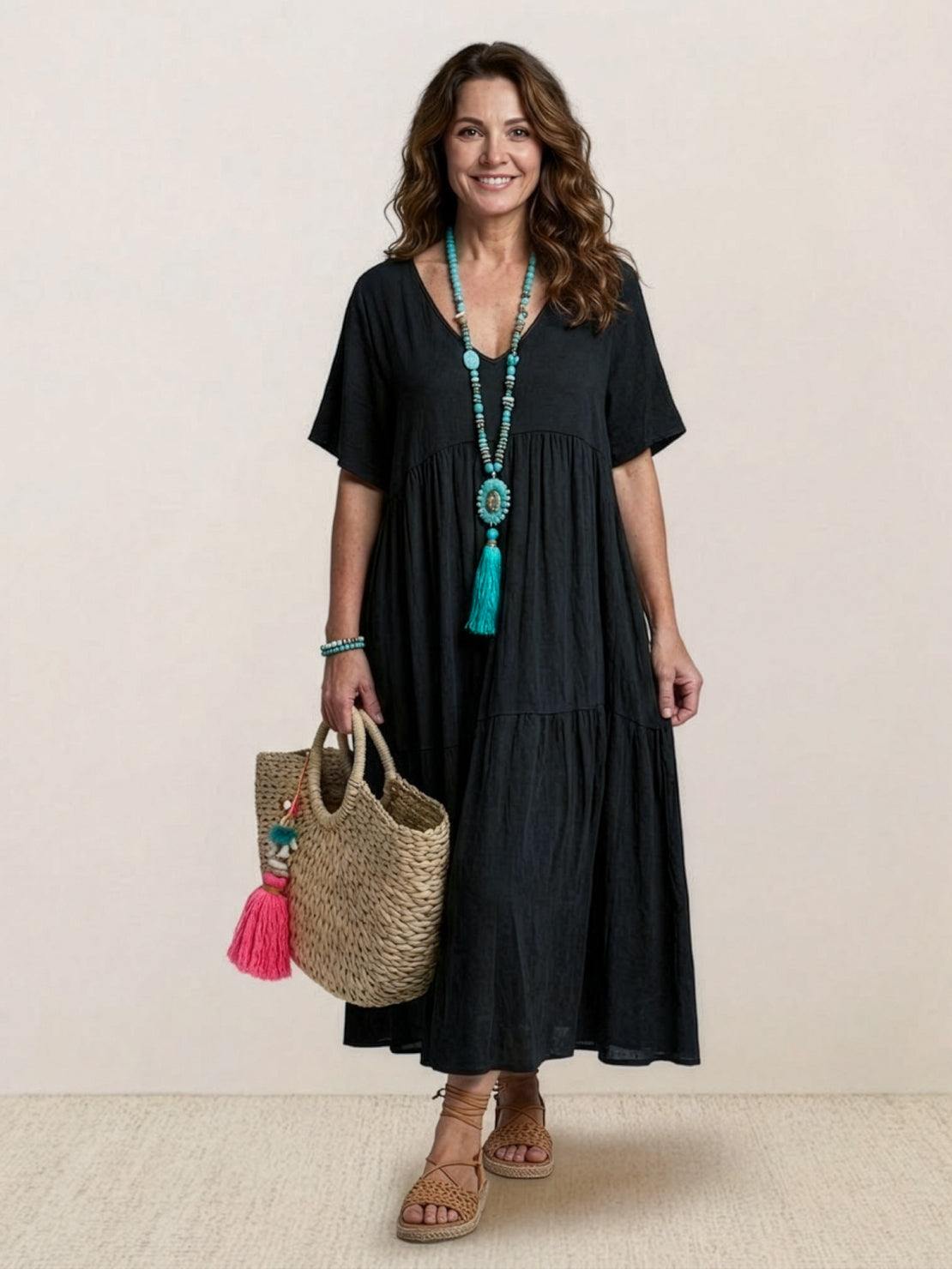 Maellys Bren | Women's V-Neck Tiered Short Sleeve Swing Maxi Dress