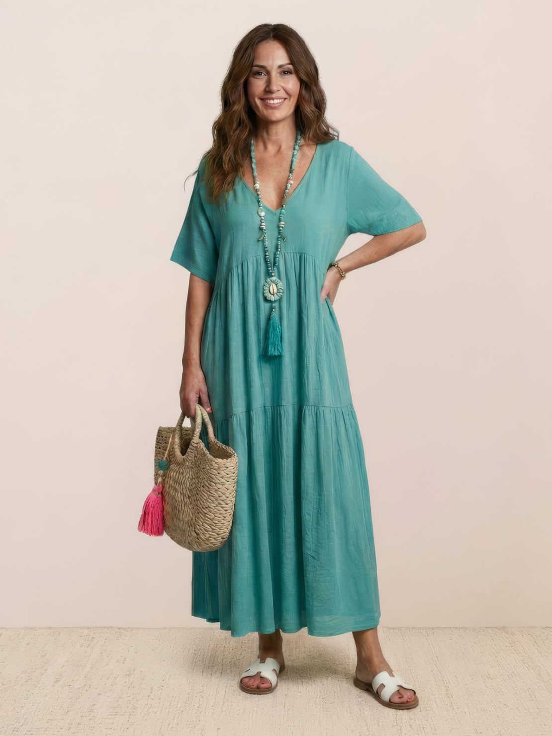 Maellys Bren | Women's V-Neck Tiered Short Sleeve Swing Maxi Dress