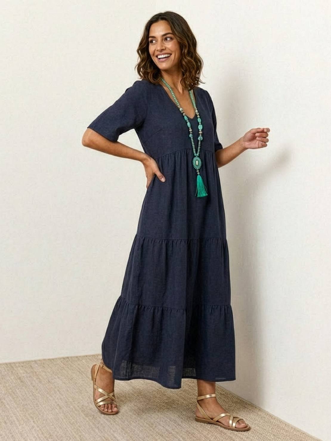 Maellys Bren | Women's V-Neck Tiered Short Sleeve Swing Maxi Dress