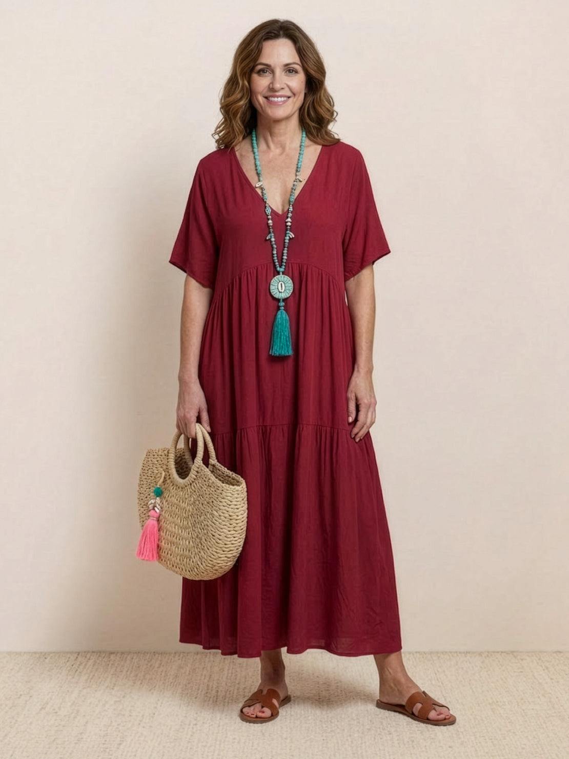Maellys Bren | Women's V-Neck Tiered Short Sleeve Swing Maxi Dress