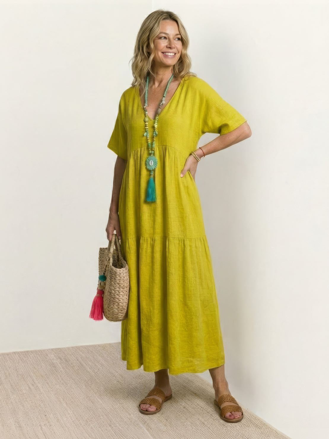 Maellys Bren | Women's V-Neck Tiered Short Sleeve Swing Maxi Dress