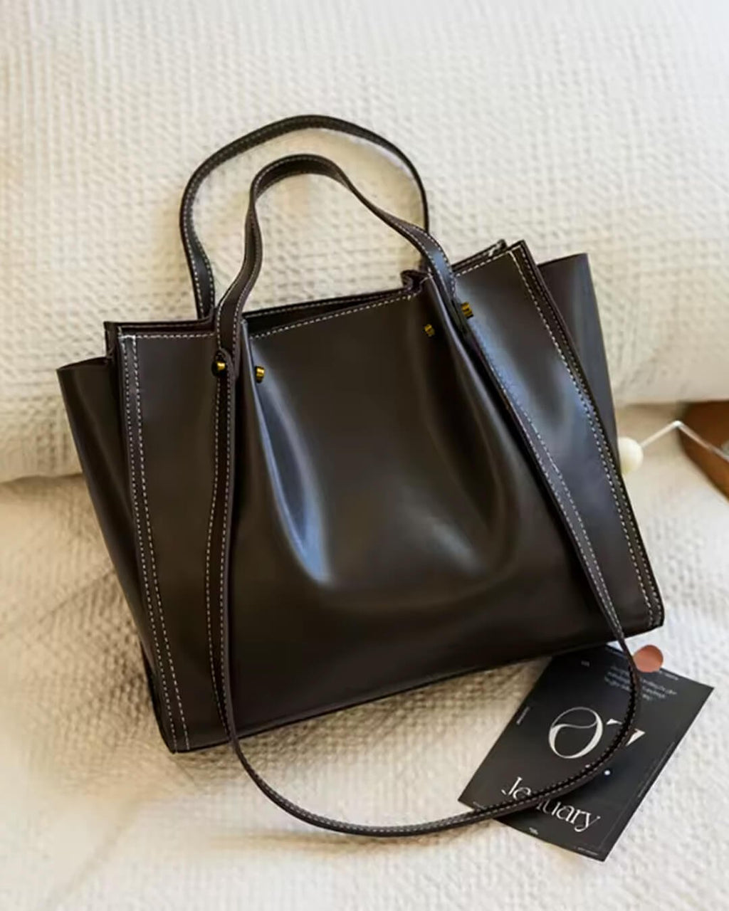 Camélia Perrin | Women's Vegan Leather Minimalist Contrast Stitch Tote Bag
